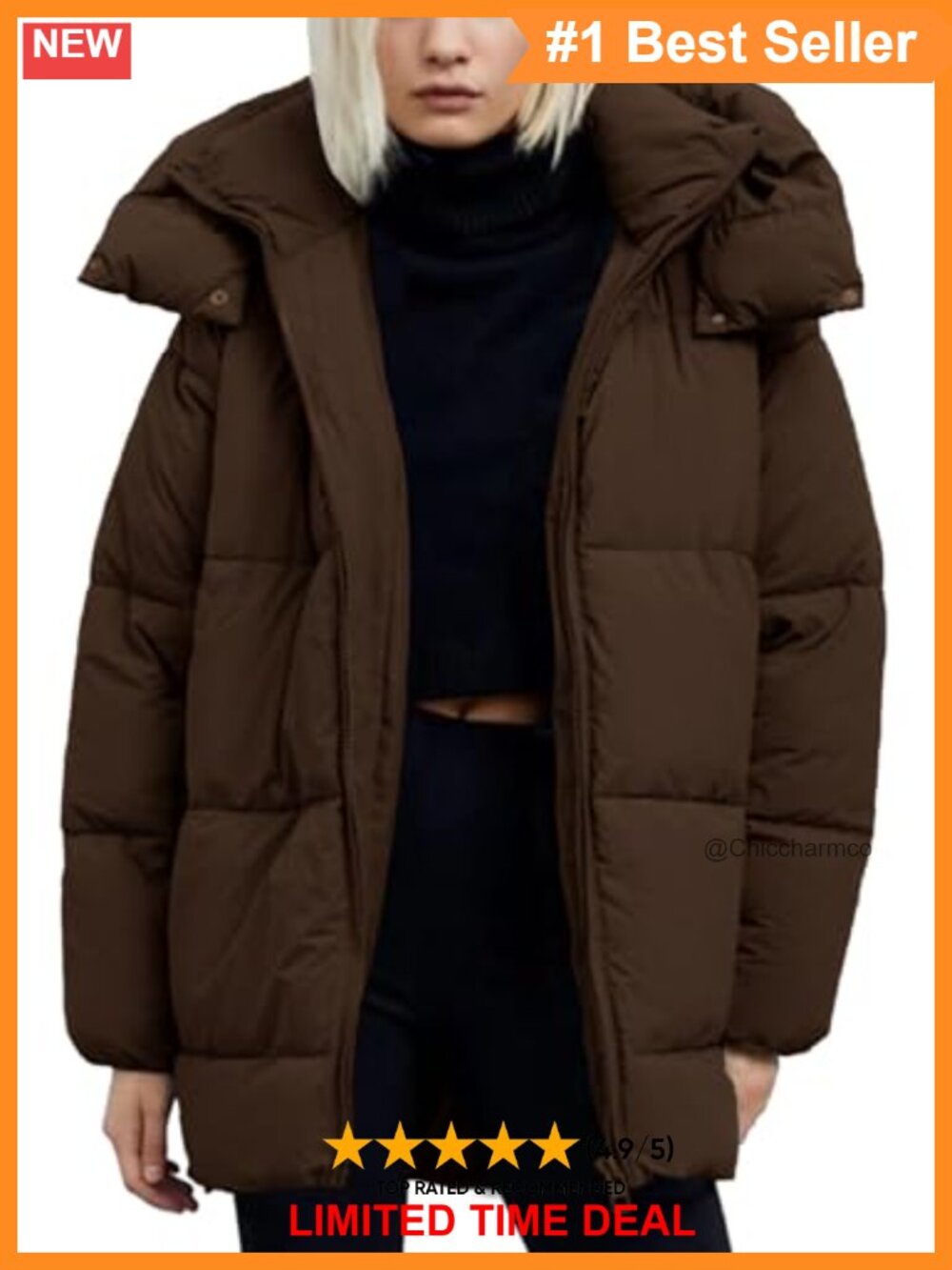 Quilted Hooded Puffer Jacket Mid-Length Padded Winter Coat